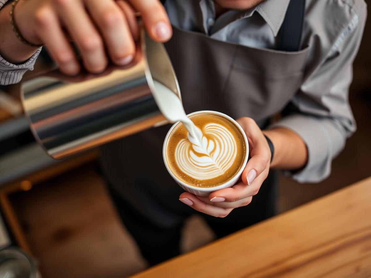 Latte being poured at the café bar